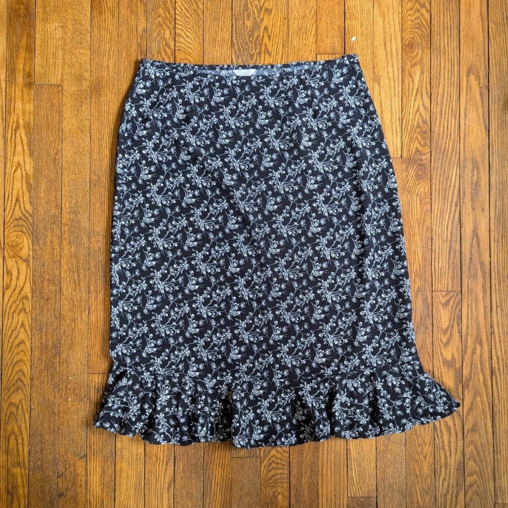Vintage Y2k 00's Black Floral Print Midi Skirt